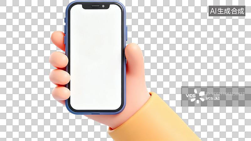 【AI数字艺术】3D卡通手托带刘海全面屏手机样机 纯白空白屏幕柔和哑光黏土质感极简 APP界面移动端UI效果图展示图片素材