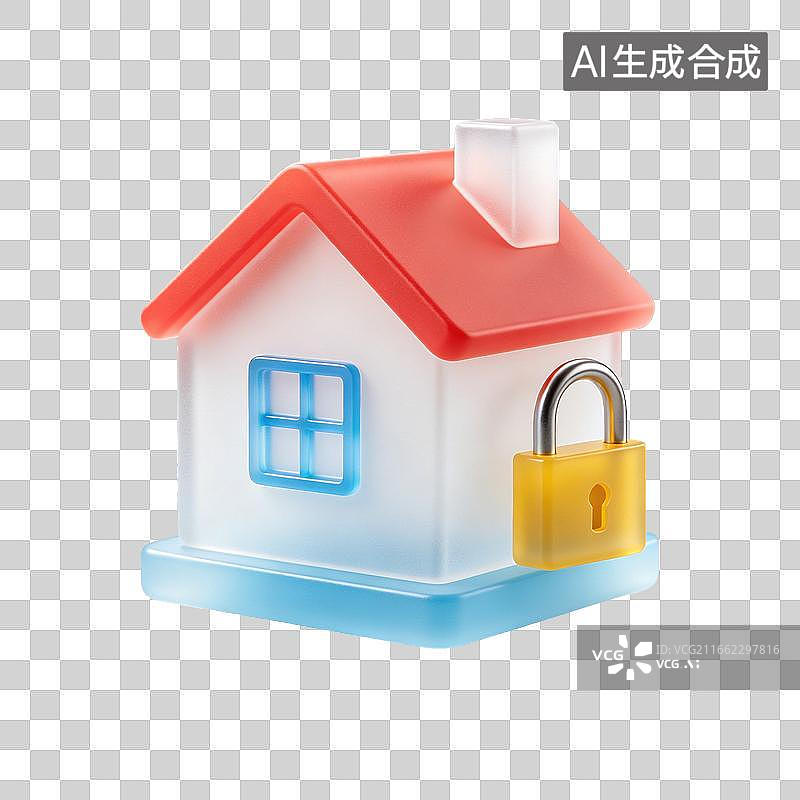 【AI数字艺术】3D磨砂玻璃材质住宅上锁房产安全房屋资产安全锁定元素图片素材