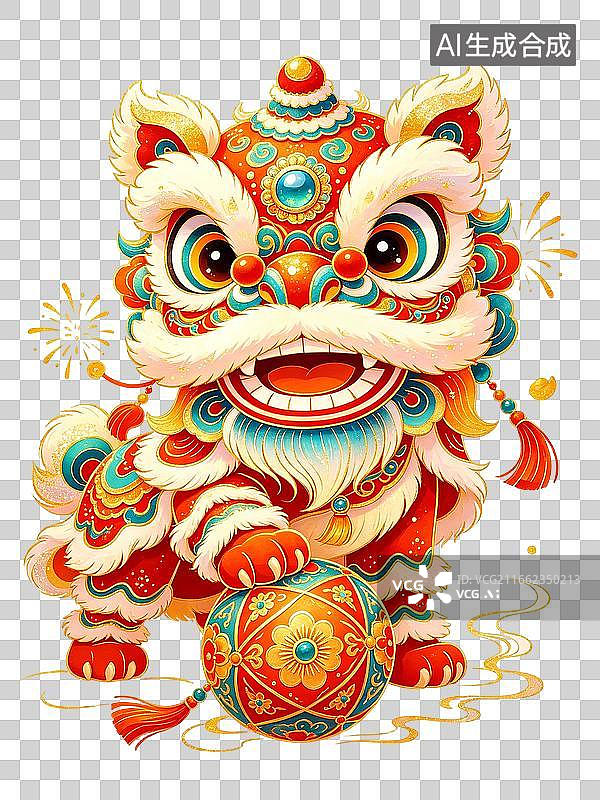 【AI数字艺术】卡通手绘舞狮插画，新年舞狮插画元素图片素材