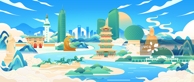 国风烟台城市建筑彩色矢量插画图片素材