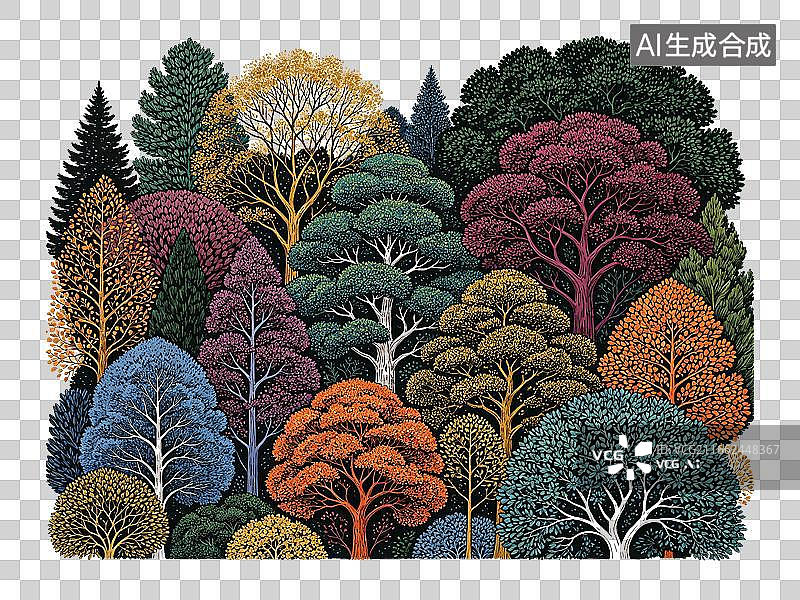 【AI数字艺术】彩色植物森林树木插画图片素材