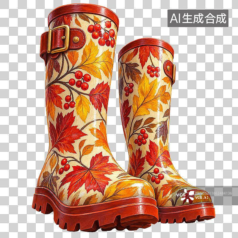 【AI数字艺术】秋叶图案复古橡胶雨靴插画图片素材