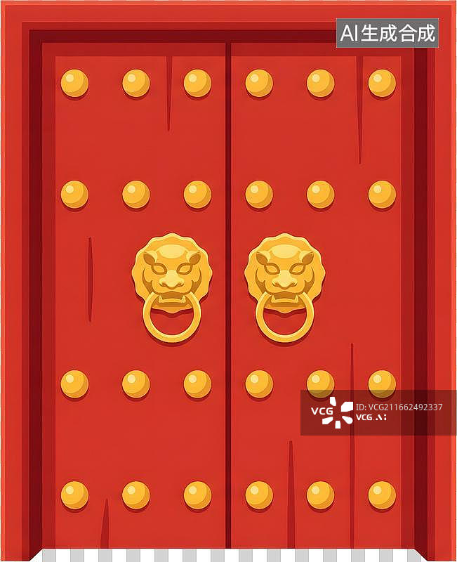 【AI数字艺术】中式红色大门金色狮头门环图片素材