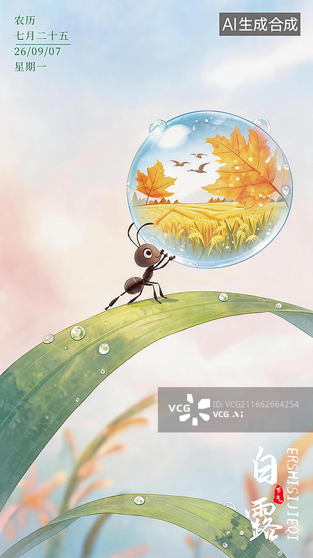 【AI数字艺术】秋天，创意二十四节气白露秋分节气海报新媒体配图，叶片上的微距小蚂蚁，双臂上举巨大透明露珠图片素材