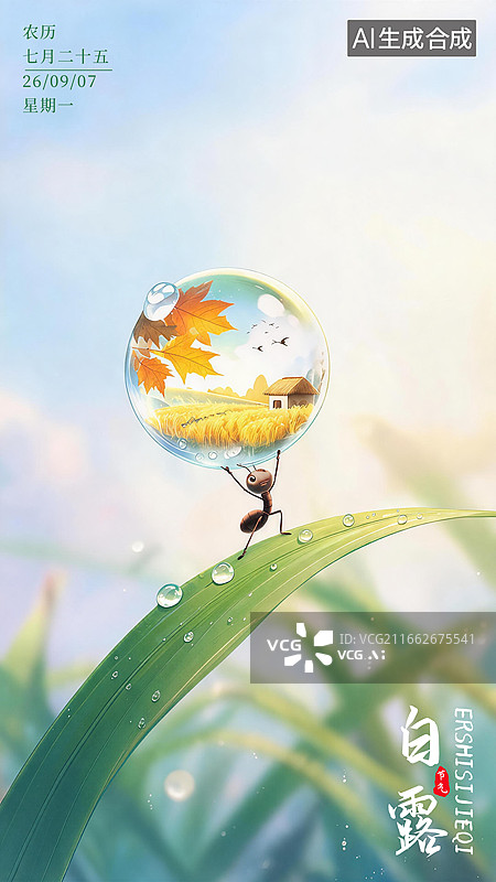【AI数字艺术】秋天，创意二十四节气白露秋分节气海报新媒体配图，叶片上的微距小蚂蚁，双臂上举巨大透明露珠图片素材