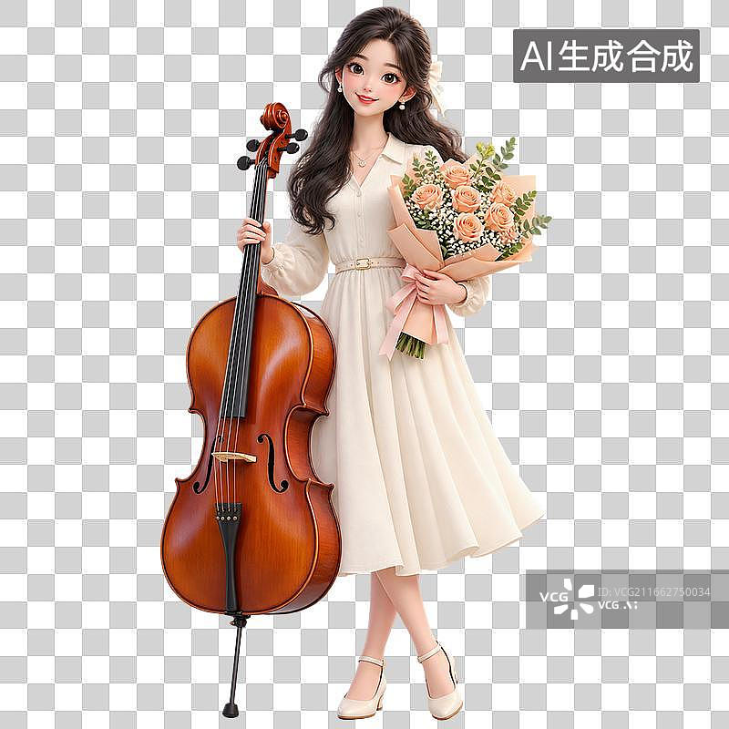 【AI数字艺术】大提琴女教师手捧花束图片素材