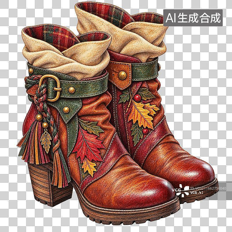 【AI数字艺术】秋叶花纹复古橡胶雨靴插画图片素材