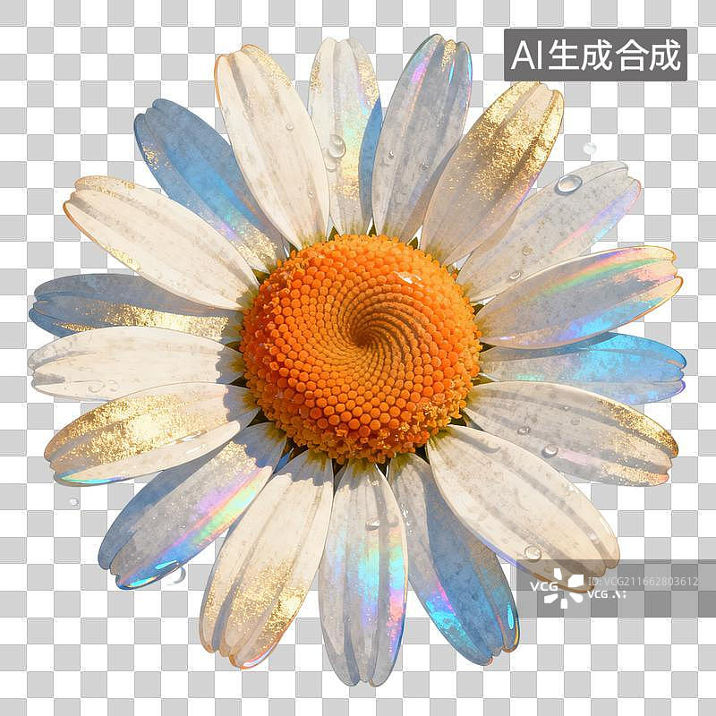 【AI数字艺术】手绘水彩，白瓣橙心的雏菊并带有虹彩光泽，清新动人。图片素材