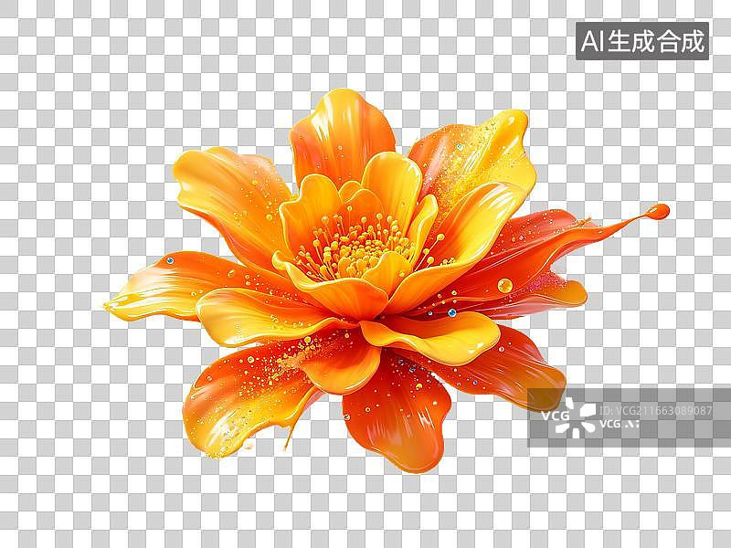 【AI数字艺术】橙黄色渐变花瓣花朵带水珠光点图片素材