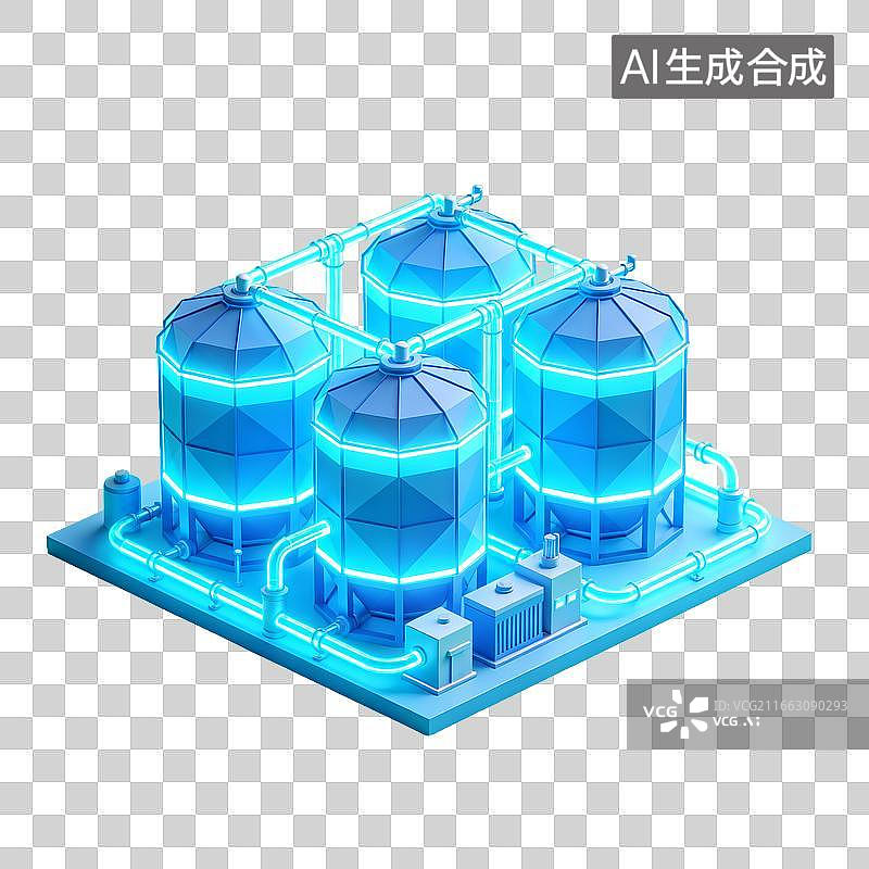 【AI数字艺术】蓝色发光工业储罐设施立体模型图片素材