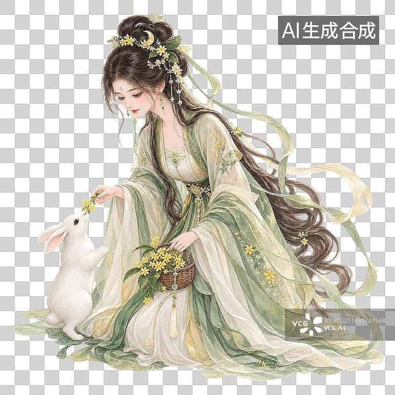 【AI数字艺术】绿衣嫦娥俯身陪伴玉兔图片素材