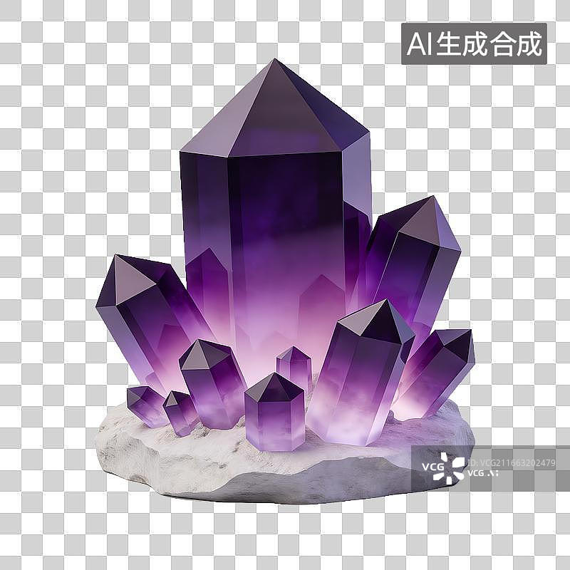 【AI数字艺术】紫色水晶簇置于白色岩石底座上图片素材