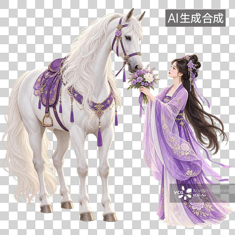 【AI数字艺术】紫衣女子献花给白马图片素材
