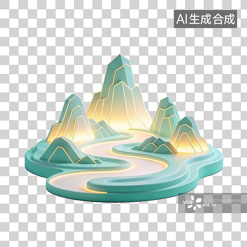 【AI数字艺术】青绿色山峦流水灯饰立体模型图片素材