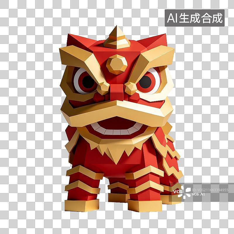 【AI数字艺术】红色金色舞狮纸艺模型立体造型图片素材