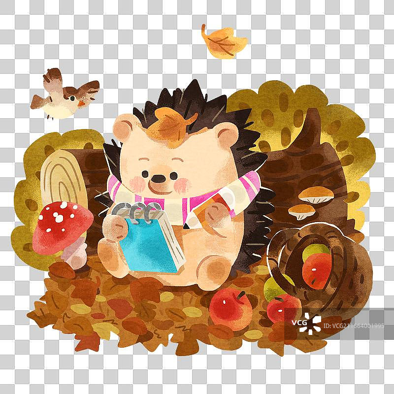 卡通秋季落叶刺猬写生插画元素图片素材