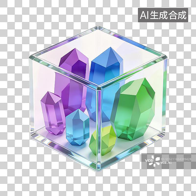 【AI数字艺术】透明立方体中彩色水晶晶簇图片素材