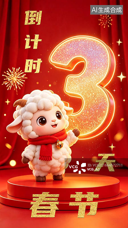 【AI数字艺术】倒计时3天羊年吉祥物卡通公仔 红色圆形电商展台 立体发光粒子数字闪粉鎏金渐变金边发光 喜庆背景烟花图片素材
