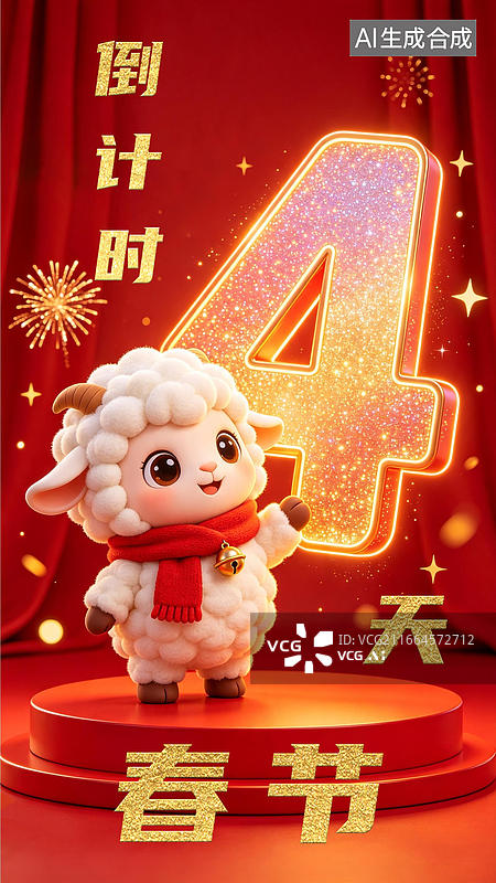 【AI数字艺术】倒计时4天羊年吉祥物卡通公仔 红色圆形电商展台 立体发光粒子数字闪粉鎏金渐变金边发光 喜庆背景烟花图片素材