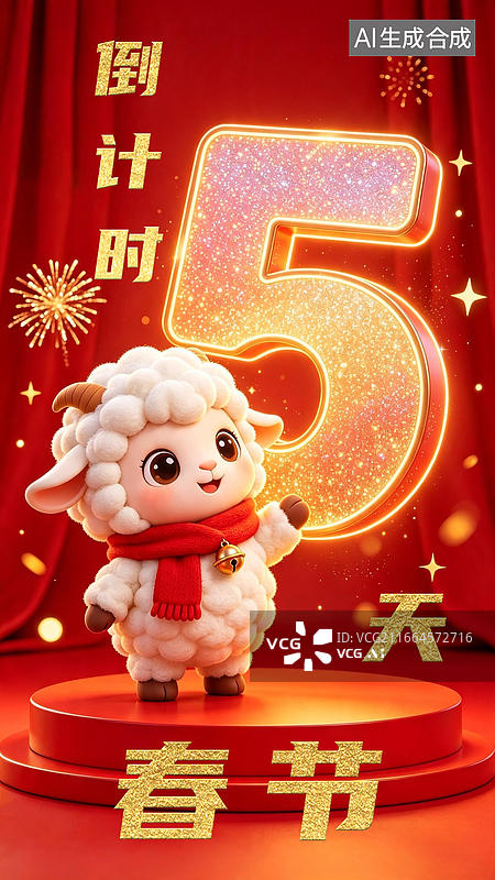【AI数字艺术】倒计时5天羊年吉祥物卡通公仔 红色圆形电商展台 立体发光粒子数字闪粉鎏金渐变金边发光 喜庆背景烟花图片素材