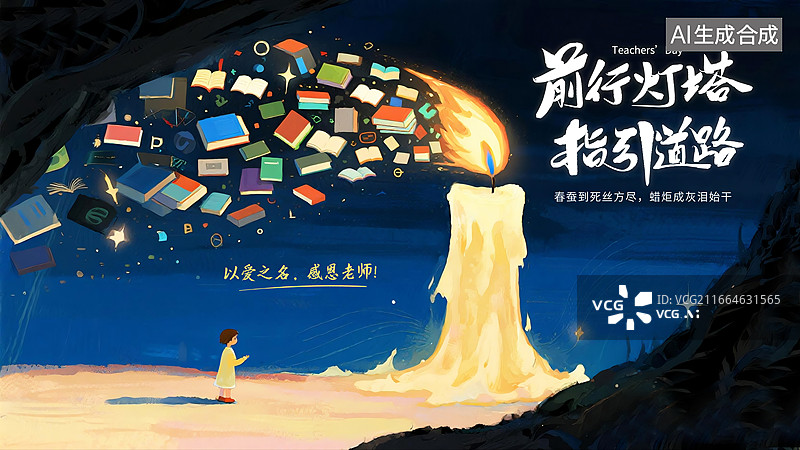 【AI数字艺术】感恩教师节海报，燃烧的知识创意广告，教师是点亮人生的蜡烛，书本照亮人生，堆叠的书籍，小学生背影，横版图片素材