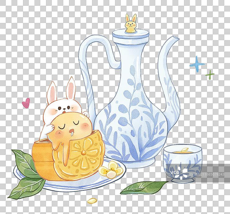 手绘水彩中酒壶和兔子月饼组合免抠元素图片素材