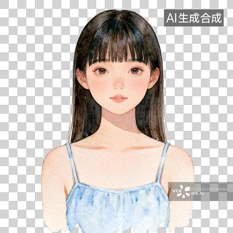 【AI数字艺术】[免抠PNG素材]穿浅蓝色吊带的直发少女肖像图片素材