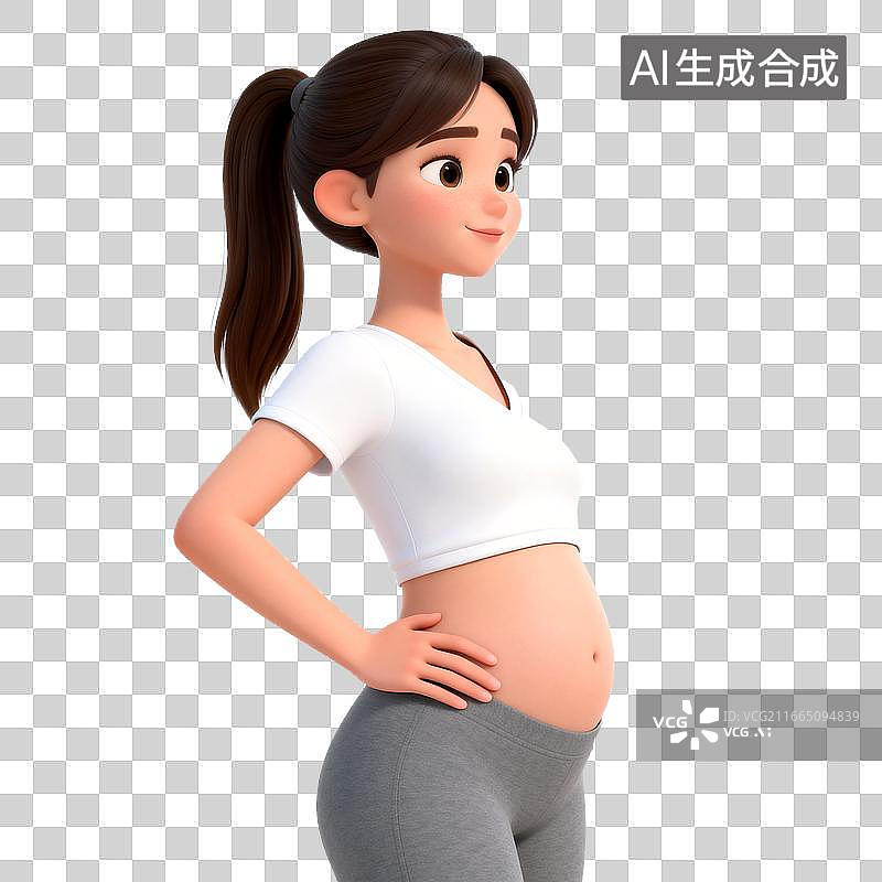 【AI数字艺术】[免抠PNG素材]扎马尾的年轻孕妇手抚腹部图片素材