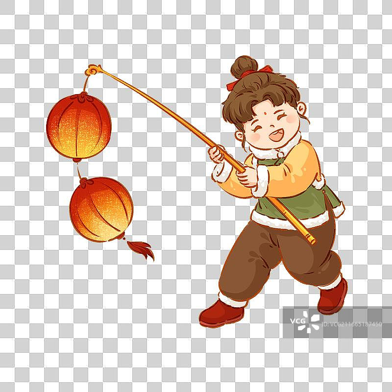 春节男孩手持双灯笼欢乐迎新插画图片素材