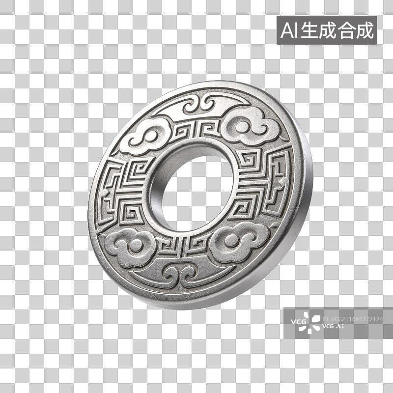 【AI数字艺术】银色圆形古钱币饰件带云纹回纹图案图片素材