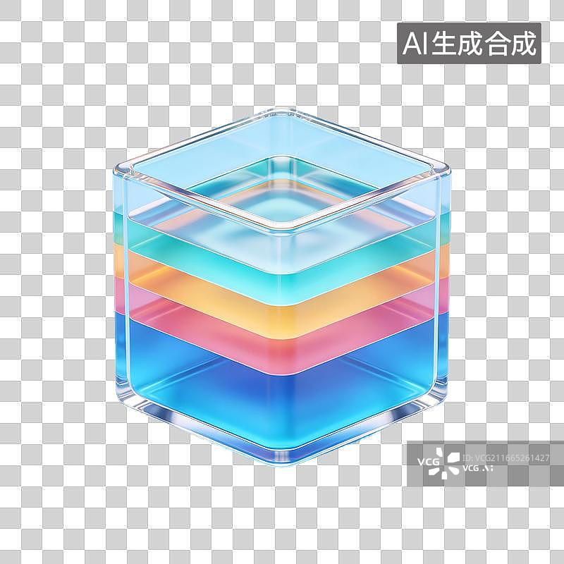【AI数字艺术】透明立方体中分层彩色液体堆叠图片素材