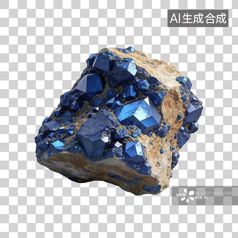 【AI数字艺术】蓝色晶体簇附着在浅色岩石上图片素材