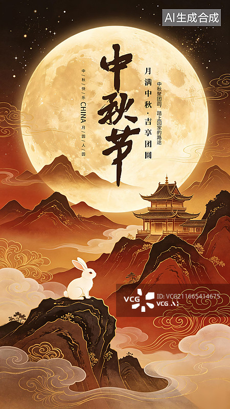 【AI数字艺术】国风中秋节插画海报，水墨群山和山上的古建筑，夜晚圆月升起，兔子蹲在高山上，祥云环绕， 竖版图片素材