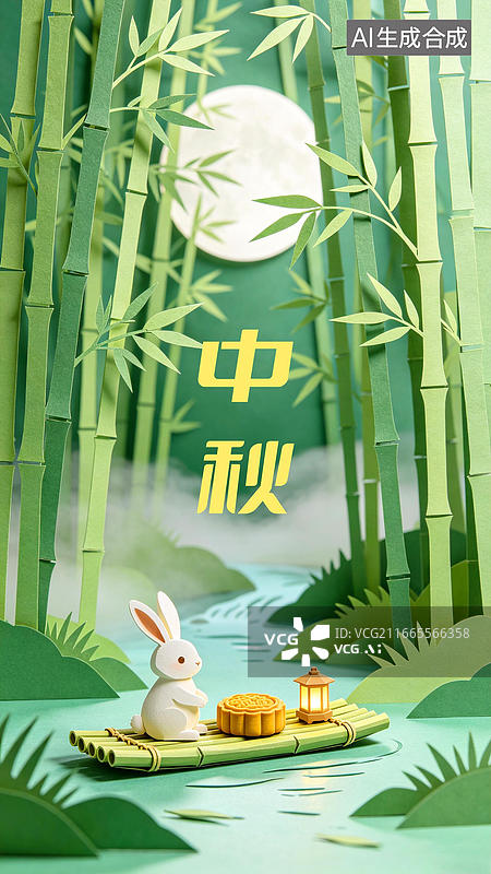【AI数字艺术】3D立体手工剪纸国风纸雕插画风格花边中秋节场景海报背景 青绿色竹林圆月溪流竹筏玉兔月饼灯笼溪水河流图片素材