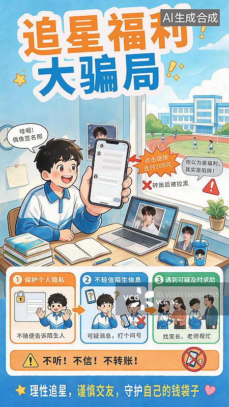 【AI数字艺术】反诈宣传海报，反欺诈，防骗，诈骗，追星福利，青少年，学生校园生活图片素材