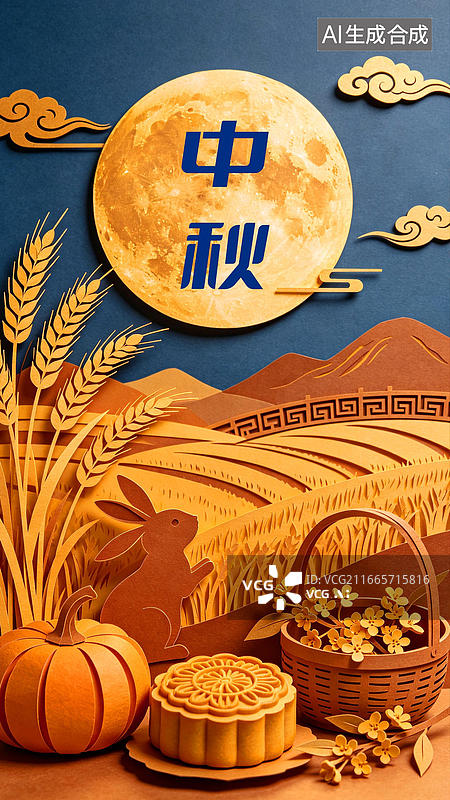 【AI数字艺术】3D立体手工剪纸国风纸雕插画风格花边中秋节场景海报背景 蓝橙色圆月祥云麦田丰收山峦玉兔剪影南瓜月饼图片素材