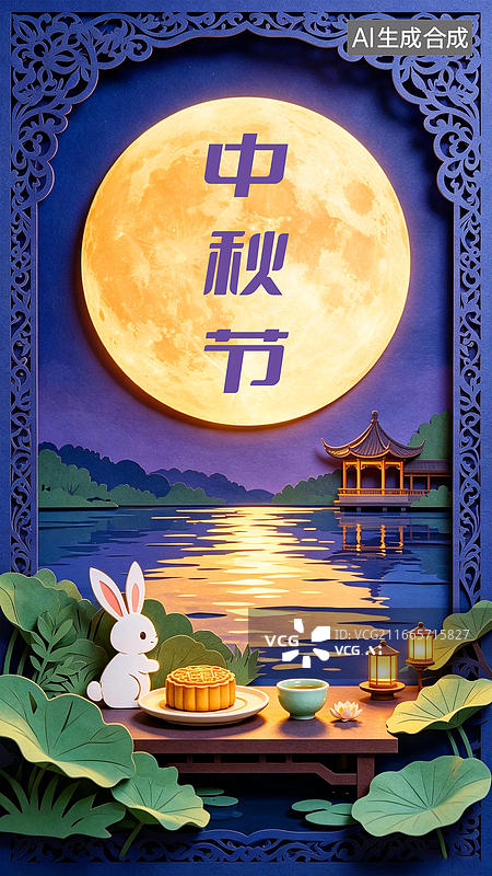 【AI数字艺术】3D立体手工剪纸国风纸雕插画风格花边中秋节场景海报背景 蓝紫色夜晚湖心亭荷花圆月倒影玉兔月饼茶具图片素材