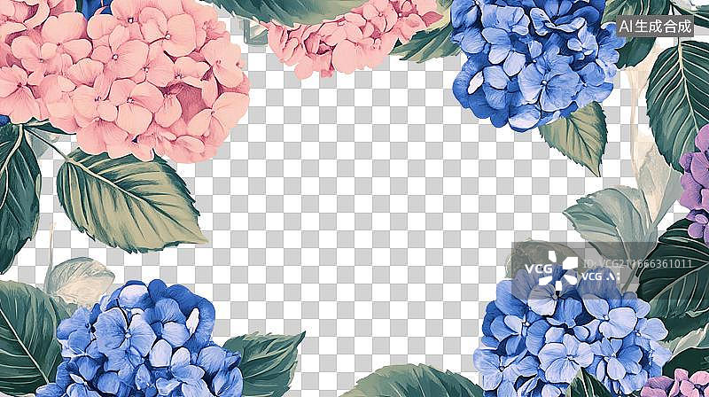 【AI数字艺术】粉蓝色绣球花鲜花环绕边框节日装饰免抠图形图片素材