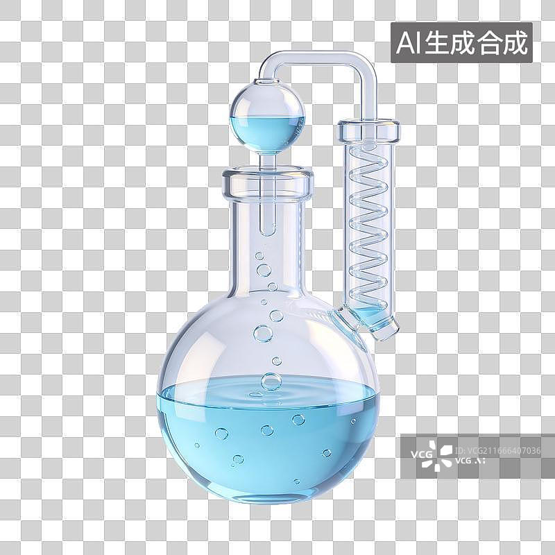 【AI数字艺术】玻璃烧瓶内盛蓝色液体连接冷凝管图片素材