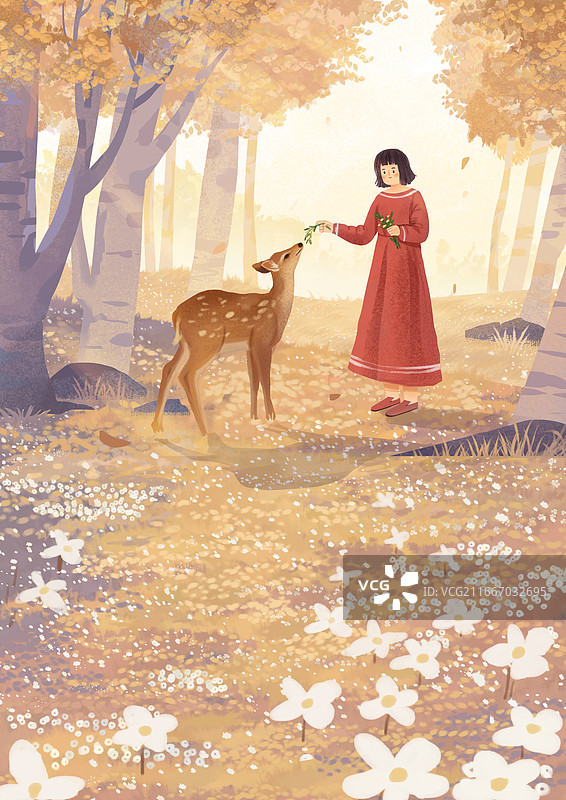 手绘秋天女孩森林遇见梅花鹿治愈系竖图插画图片素材