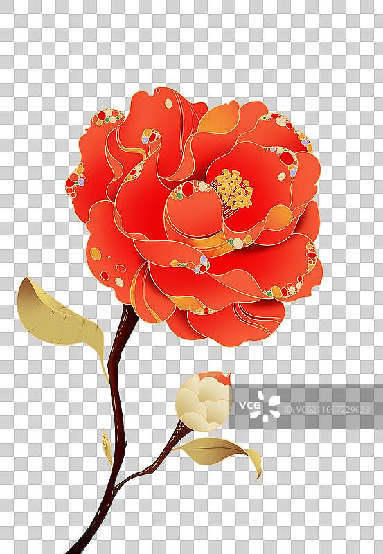 新中式一朵红色的山茶花鲜花元素插画图片素材