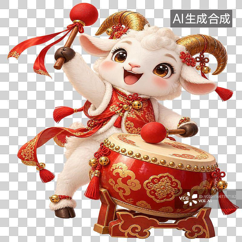 【AI数字艺术】羊年白羊敲鼓欢庆插画图片素材