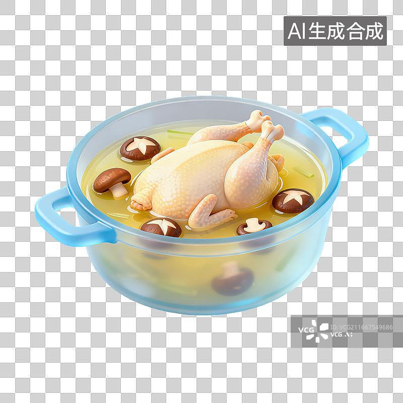 【AI数字艺术】3D轻拟物汤锅香菇鸡汤清淡养生炖汤元素图片素材