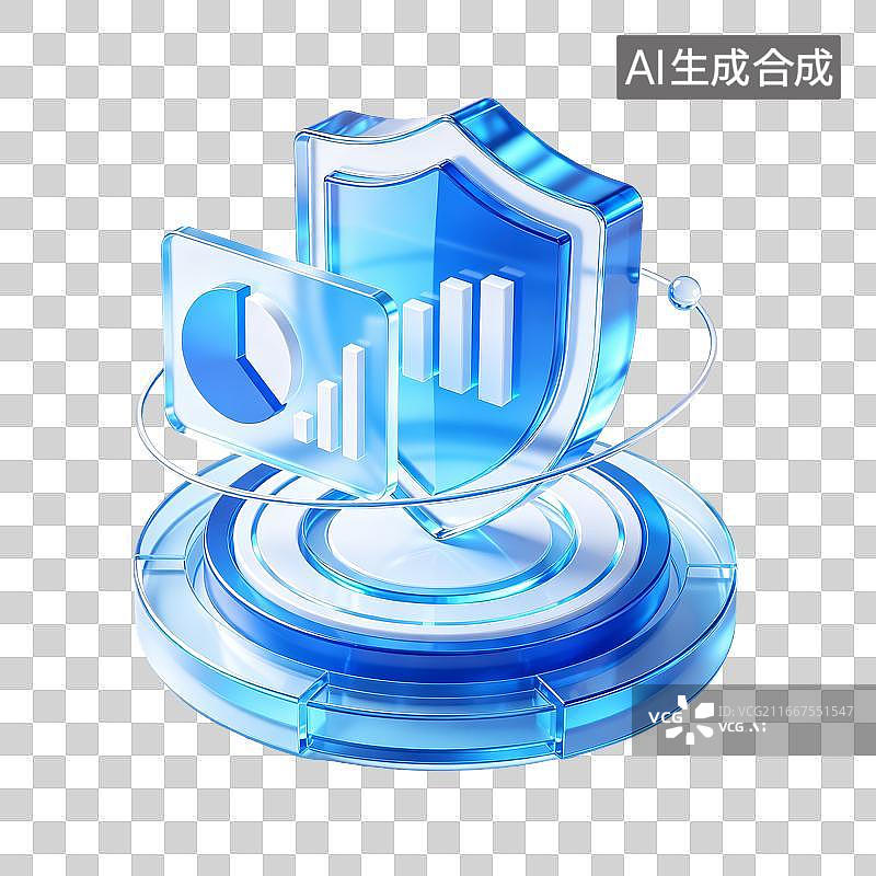 【AI数字艺术】AIGC图片免扣元素蓝色玻璃质感盾牌与数据图表保护网络安全图标图片素材
