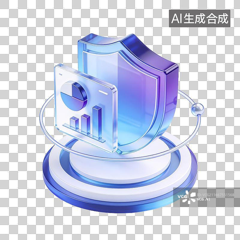 【AI数字艺术】AIGC图片免扣元素蓝色玻璃质感盾牌与数据图表保护网络安全图标图片素材