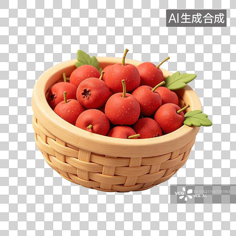 【AI数字艺术】3D粘土轻拟物藤编筐装山楂元素图片素材