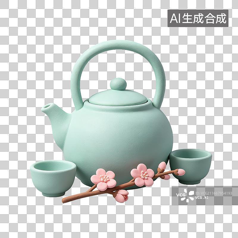 【AI数字艺术】3D粘土轻拟物青瓷提梁壶梅花茶具元素图片素材