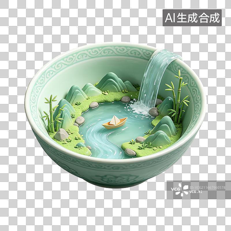 【AI数字艺术】3D粘土轻拟物青瓷碗内山水微景元素图片素材