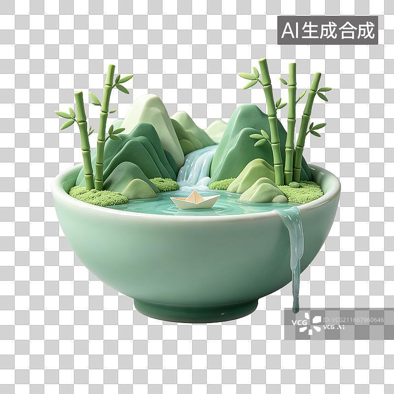 【AI数字艺术】3D粘土轻拟物青瓷碗内山水微景元素图片素材