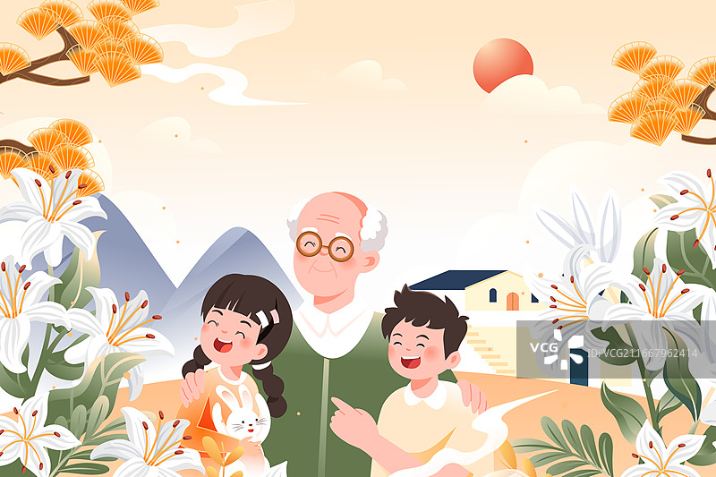 卡通秋季秋天旅游重阳节出游家人美食老人伴侣古建筑风光户外城市自然风景背景渐变矢量插画图片素材